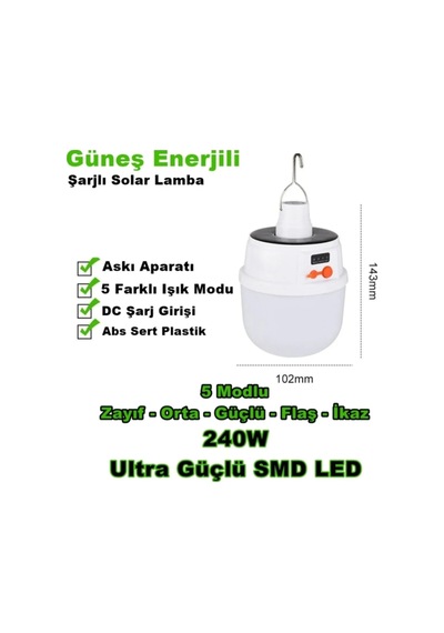 Güneş Enerjili Fonksiyonlu Kamp Doğa Çadır Dış Mekan Lambası 240w Asma Aparatlı Renkli