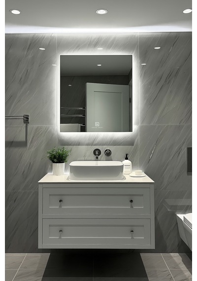 Digital Hayat Dokunmatik Dimlenebilir Beyaz Led Işıklı Kare Ayna Dekoratif Banyo Makyaj Aynası Beyaz
