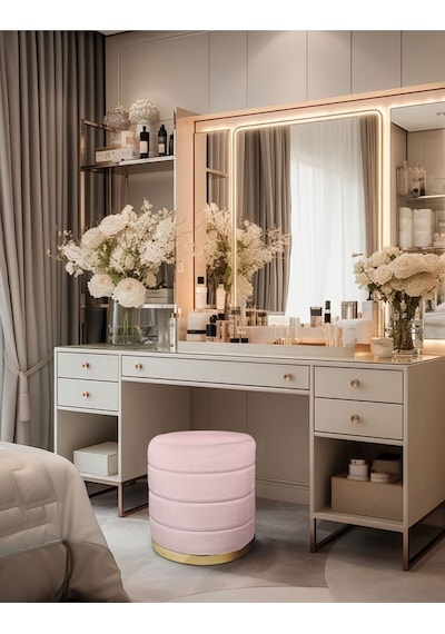 Lungo Roller Gold Kaplama Luxery Puf-pembe Babyface Kumaş Pofuduk Oturma Pufu&makyaj Pufu&bench