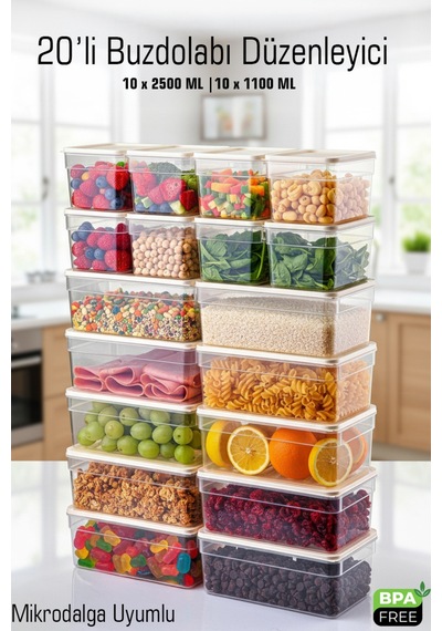 20 Li Derin Saklama Kabı Seti 10x2500 Ml 10x1100 Ml Bpa Sız Sızdırmaz Mikrodalga Uyumlu Krem Kapak