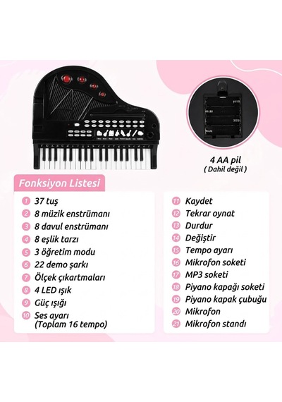 Mikrofonlu Tabureli Oyuncak Kuyruklu Piyano - 37 Tuşlu Eğitici Org Seti - Kayıt Özellikli Piyano