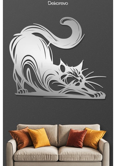 Dekoratif Metal Kedi Duvar Tablosu - Metal Duvar Sanatı - Krom - 30 X 30 Cm