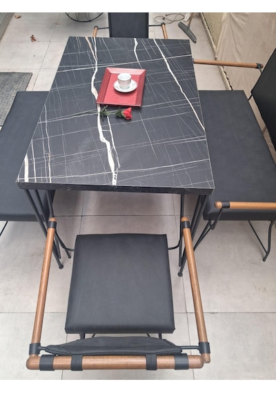 Masa Sandalye Tk 90605 Penyez Takım Model Metal Siyah Suni Deri Balkon-bahçe Siyah