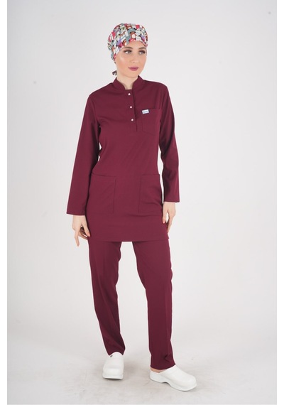 Bordo Renk Sakura Model Tesettür Doktor Hemşire Scrubs Üniforma Takımı Bordo Bordo