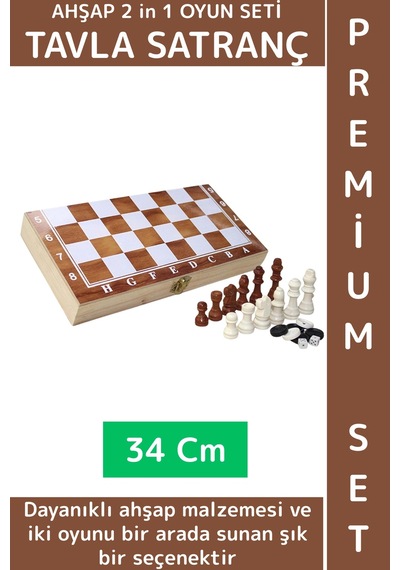 Özel Model Arkadaş Oyun Hediyelik Ahşap Kutulu Tavla Dama Satranç Kompakt Premium Oyun Seti 34 Cm