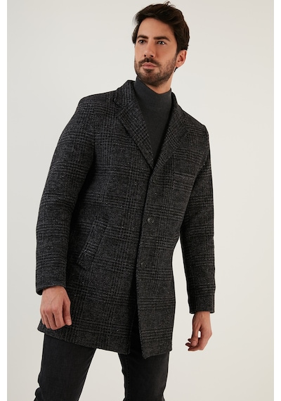 Buratti Slim Fit Tek Yırtmaçlı Düğmeli Mono Yaka Kaşe Erkek Kaban 5840098 Antrasit Ekoseli