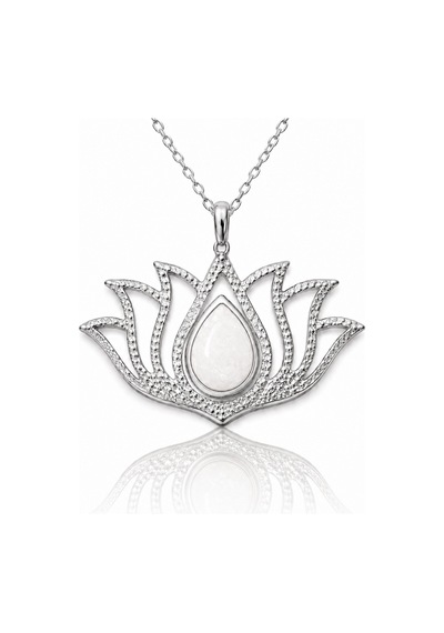 Gümüş Beyaz Opal Taşlı Lotus Kadın Kolye Gümüş Gümüş