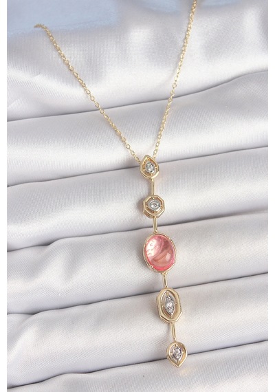 Pirinç Zincir Pembe Gold Renk Zirkon Taşlı Y Kolye Diğer