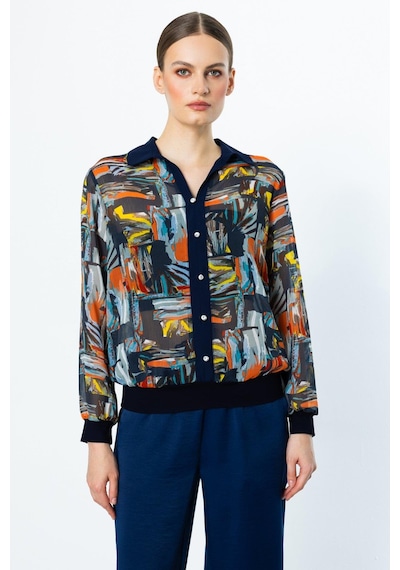 On Fashion Bluz Renkli Desenli Düğmeli Lacivert