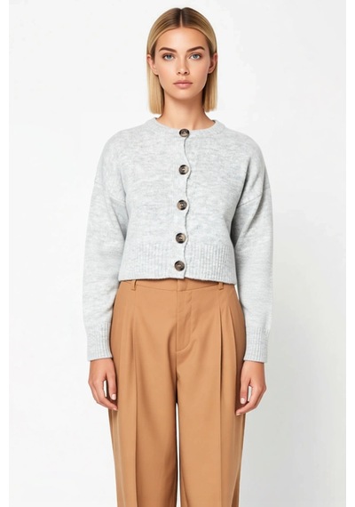 Benerly Kadın Oversize Düğmeli Crop Triko Hırka Yumuşak Dokusuyla Ve Raha gri