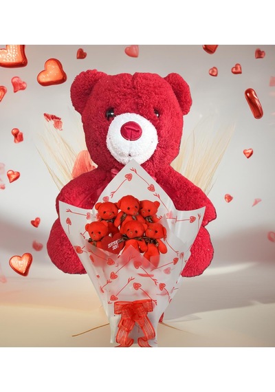 Sevimli 35 Cm Peluş Ayı İle Premium Yumoş Kırmızı Peluş Ayıcık Buketi