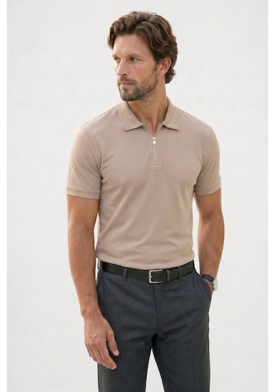 Tudors Erkek Slım Fit Dar Kesim Ekstra Soft Modal Kumaş Kısa Kollu Yarım Fermuarlı Bej Polo Yaka Tişört-51038