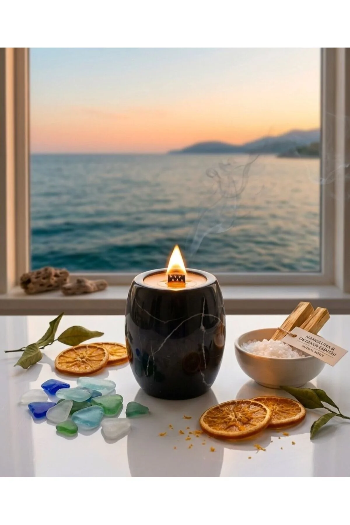 Mandalina , Okyanus Ve Sandal Kokulu Mum Doğal Mermer %100 Soya Wax Siyah