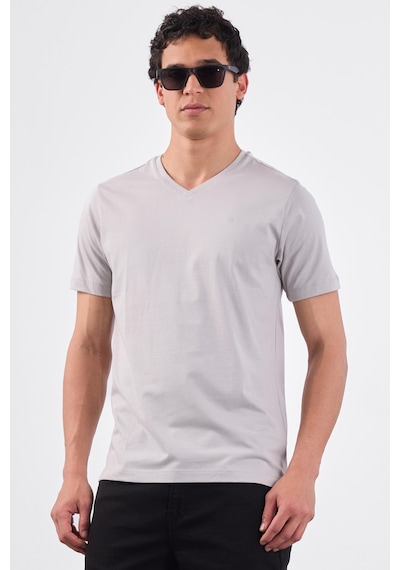 Dufy Gri V Yaka Pamuklu Düz Renk Slim Fit Erkek T-shirt Gri