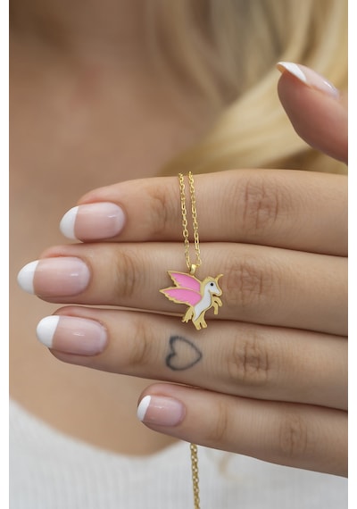 925 Ayar Gümüş Gold Pembe Mineli Unicorn Kolye