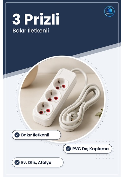 Grup Priz Uzatma Kablosu 3 Prizli Bakır İletkenli Pvc Kaplama Ev 1.5