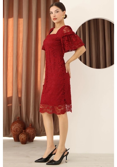 Lodmela Kare Yaka Balon Kollu Dantel Elbise 6039-bordo Bordo