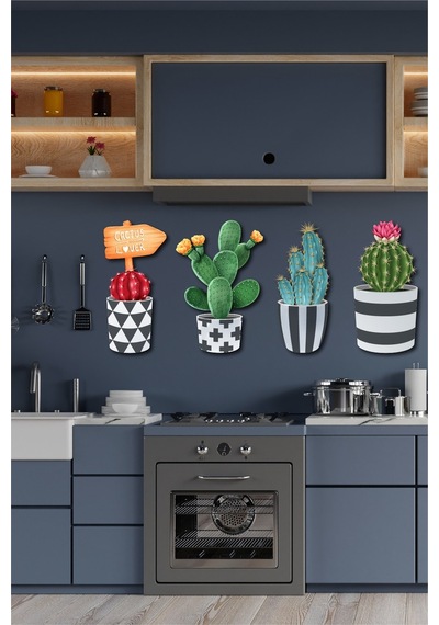 No77Decor Ahşap Kaktüs Duvar Dekorasyon Seti 4 Parça