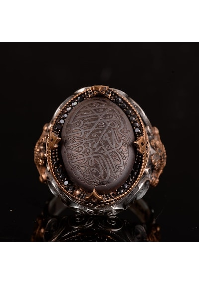 925 Ayar Gümüş Erkek Yüzük, Doğal Hematit Taşı, Vintage İslami Tevhid Tasarımı, Oymalı Hat Sanatı Gümüş