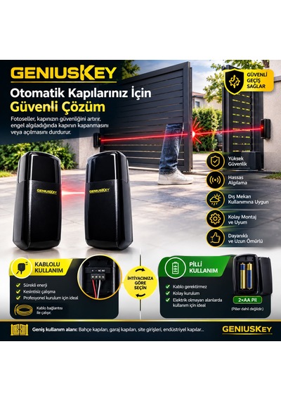 Geniuskey Pilli Fotosel Otomatik Kayar Kapı Motoru Emniyet Sensörü Kablosuz Ve Kablolu Fotosel Takımı