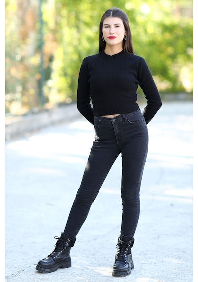 Giysa Kadın Siyah Fitilli Crop Triko Kazak Kısa Model Akrilik Kumaş Ribanalı - 3122 Siyah