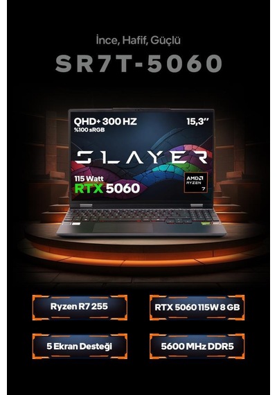Game Garaj Slayer SR7T-5060 C6 R7 255 32 GB 1 TB SSD RTX5060 15.3" Free Dos Dizüstü Bilgisayar