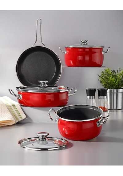 Bonera Lilium Emaye 7 Pcs Güveç Set Dışı Kırmızı / İçi Titanyum 18-24-26-26