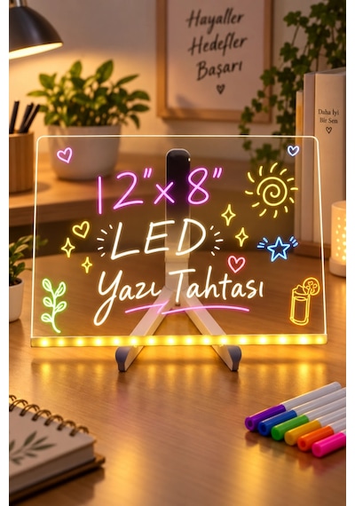Yazı Çizim Tahtası Led Işıklı 20x30 Cm 7 Kalem Ve Stant Hediyeli Neon Işıklı Eğitici Not Tahtası Şeffaf