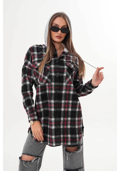 Polologin Butik Kadın Siyah Kırmızı Beyaz Çizgi Detaylı Kapşonlu Gömlek Kırmızı