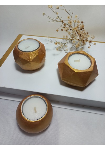Geometrik Desenli Antiquity Gold 3'lü Mumluk Set, Dekoratif Masa Sehpa Üstü Aksesuar Gold