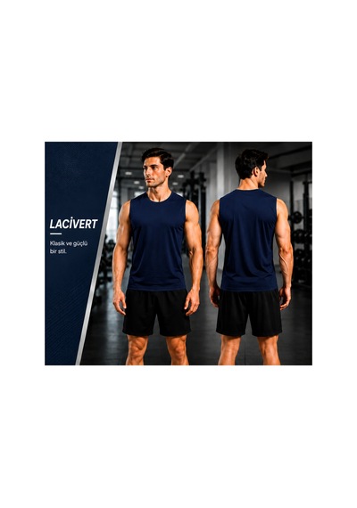 Beydex Erkek Nem Emici Hızlı Kuruma Atletik Teknik Sporcu Sıfır Kol T-shirt Gym Lacivert
