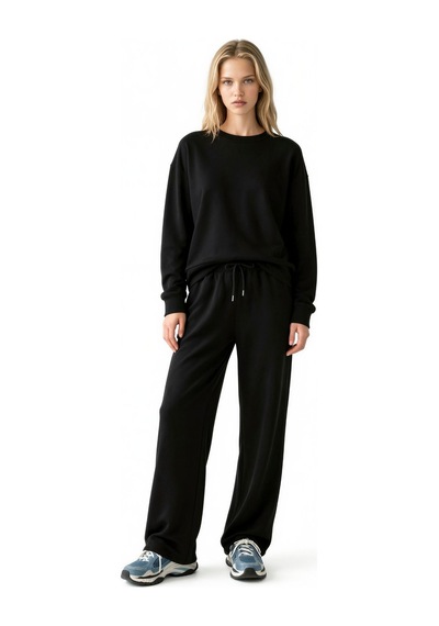 Hiccup Modal Touch Basic Sweatshirt & Geniş Paça Pantolon İkili Takım Siyah