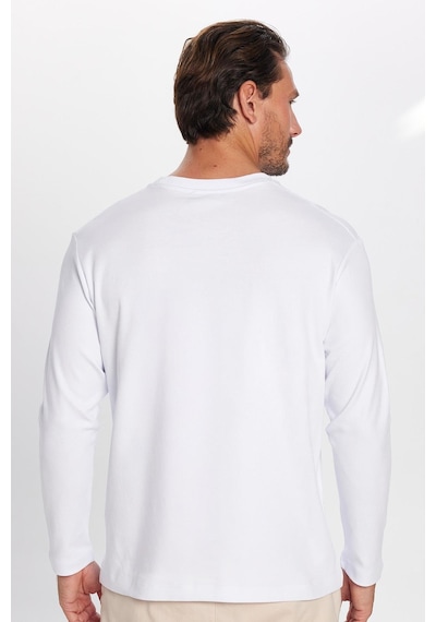 Tudors Unisex Relax Fit Rahat Kesim %100 Pamuk Uzun Kollu Bisiklet Yaka Beyaz Basic Tişört-32653 Beyaz