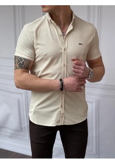 Modefendi Slim Fit Pamuk Örme Polo Yaka Kısa Kollu Gömlek Bej