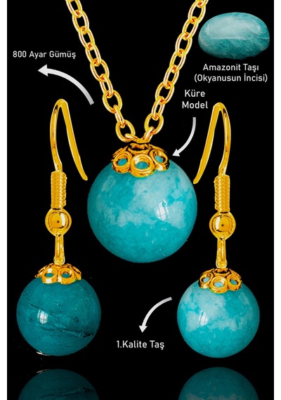 Sertifikalı Gold Küre Model Amazonit Taşı Kolye Ve Küpe Seti - Gü Çok Renkli