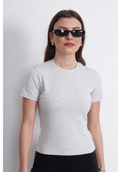 Crop Slim Fit Pamuk Likra Tişört-kar Melanj Kar Melanj