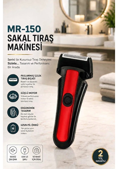Jasper Mr-150 Kırmızı Şarjlı Yedek Başlıklı Sakal Tıraş Makinesi Erkek Kişisel Bakım Sinekkaydı Tıraş