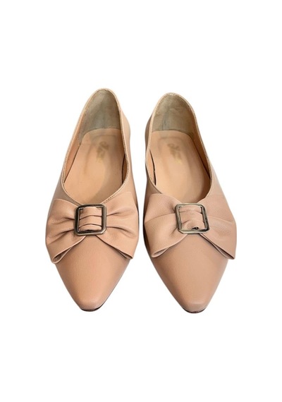 Tufan Shoes Pudra Hakiki Deri Fiyonk Tokalı Babet Ayakkabı Pudra