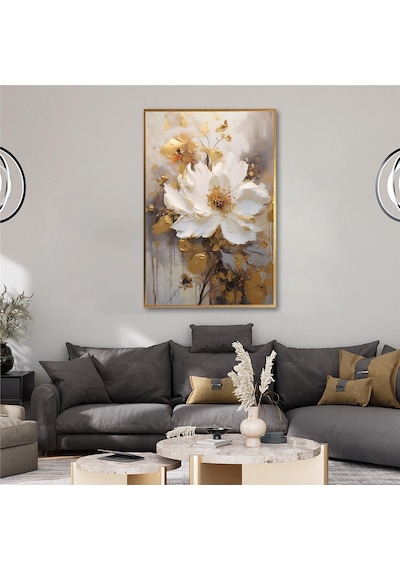 Yağlı Boya Dokulu Tablo Tek Beyaz Papatya Altın Çerçeveli U02005-178860