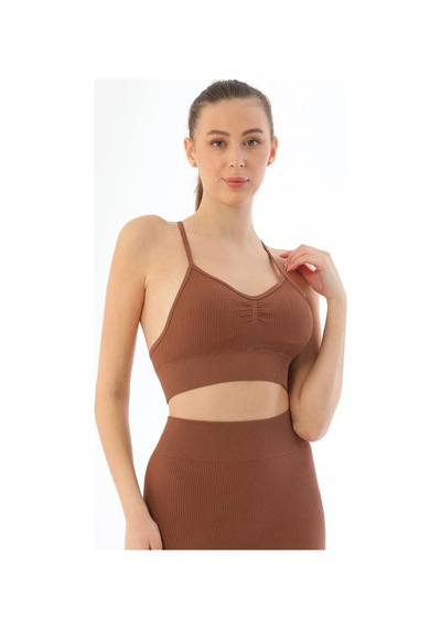 Kahve 3921 Soft Seamless Ripli Tayt Yoga Takımı