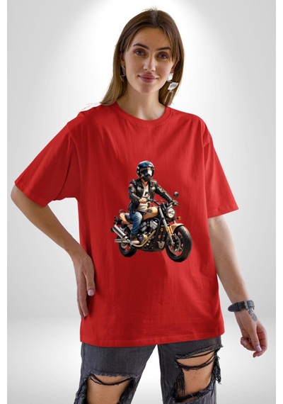 Kask Motorsiklet Dünya Turu Pamuklu Bisiklet Yaka Unisex Oversize Boyfriend Dijital Baskılı Kırmızı T-shirt Kırmızı