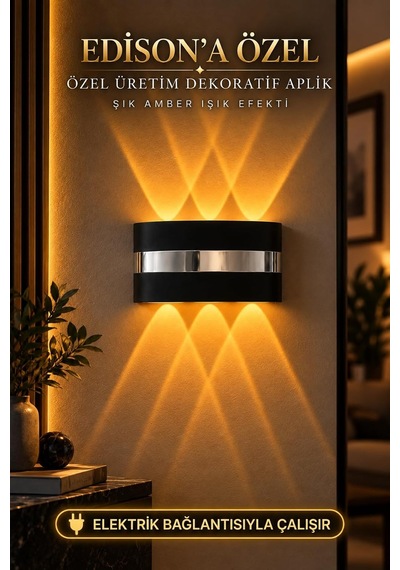 Tr Gümüş Detaylı Led Aplik, Amber Işık, Çift Yönlü Dekoratif Duvar Lambası, 18 Cm X 9.5 Cm Genel