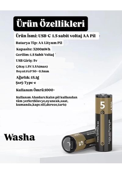 Kalın Pil Kalem Pil Usb Type-c Kablo İle Şarj Edilebilir Lityum 2'li Kalem Pil 1.5v Aa / 3200 Mwh