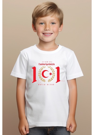 Aselinda Özel Tasarım Cumhuriyetimizin 101. Yılı 29 Ekim Çocuk T Shirt- Beyaz Süprem Tişört-stk1 BEYAZ