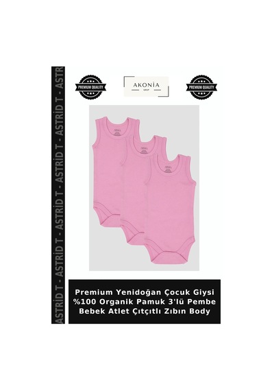 Astrid T Premium Yenidoğan Çocuk Giysi %100 Organik Pamuk 3'lü Pembe Bebek Atlet Çıtçıtlı Zıbın Body