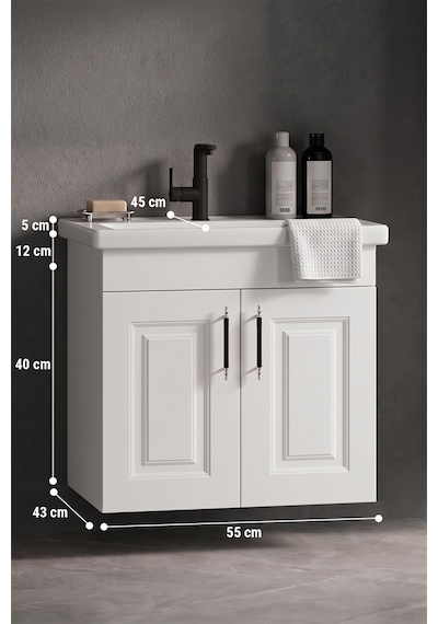Özceden Salkım 55 Cm Beyaz Balon Mdf Seramik Lavabolu Asma Banyo Alt Dolabı