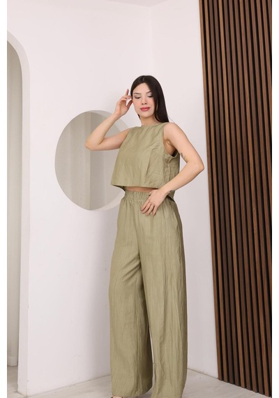 Famoda Haki Sırtı Çapraz Bağcıklı Crop Bluz & Yüksek Bel Palazzo Pantolon Alt Üst Takım