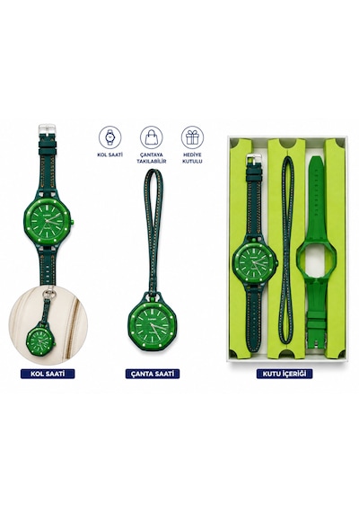 Duostyle 2'si 1 Arada Analog Kol Saati Ve Çanta Saati Silikon Kordonlu Unisex Yeşil