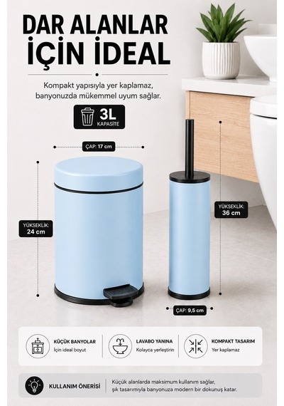 Sas Haus Pedallı Çöp Kovası 3 Litre İç Kovalı Kapaklı Tuvalet Fırçalı Banyo Seti Krom - Titan 7103 Mavi