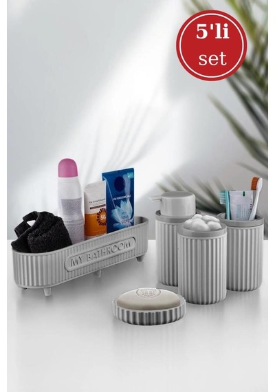 Flora 5 Parça Banyo Seti Çok Amaçlı Sepet, Sıvı Sabunluk, Katı Sabunluk, Diş Fırçalık, Pamukluk Gri